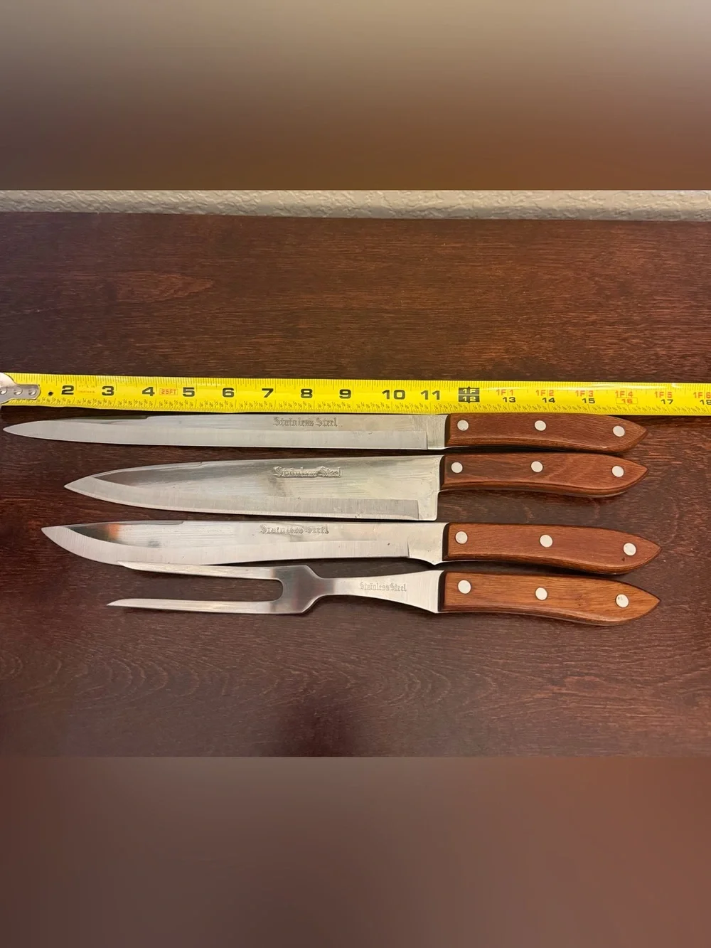 Vintage Interpur Japan Stainless Steel Carving Set 3 Knives 1 Fork Wood Handle